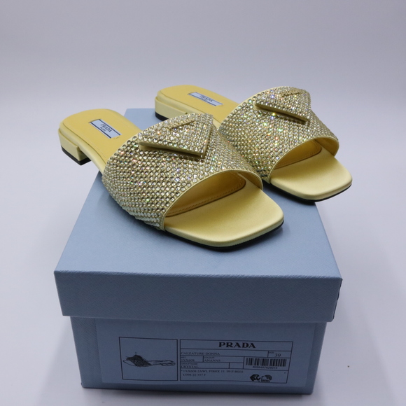 Prada 39 Yellow Crystal Strassed Ciabatte Logo Calzature Donna Flat Slides E716 - Picture 2 of 13